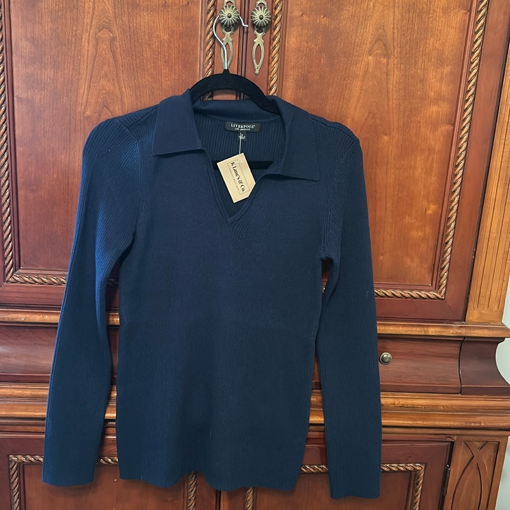 LIVERPOOL. 
Long sleeved V- neck collared sweater ~ Navy blue.   Size Smalll.